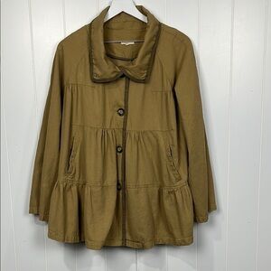 Mystree Womens Tunic/Jacket L Tan 4 Button Close Wide Sleeves Pockets Peplum Hem